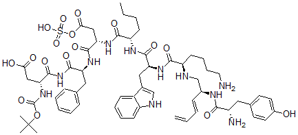 CAS#: 115295-08-4, (3R)-4-[[(2S)-2-[[(2S)-2-[[(2S)-2-[[(2S)-2-[[(2R)-6-amino-2-[[(2S,3E)-2-[[(2S)-2-amino-3-(4-hydroxyphenyl)propanoyl]amino]hexa-3,5-dienyl]amino]hexanoyl]amino]-3-(1H-indol-3-yl)propanoyl]amino]hexanoyl]amino]-4-oxo-4-sulfooxy-butanoyl]amino]-3-phenyl-propanoyl]amino]-3-[(2-methylpropan-2-yl)oxycarbonylamino]-4-oxo-butanoic acid