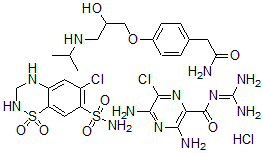 CAS#: 126294-31-3, 3,5-diamino-N-(aminoiminomethyl)-6-chloro-Pyrazinecarboxamide monohydrochloride mixt. with 6-chloro-3,4-dihydro-2H-1,2,4-benzothiadiazine-7-sulfonamide 1,1-dioxide and 4-(2-hydroxy-3-((1-methylethyl)amino)propoxy)benzeneacetamide