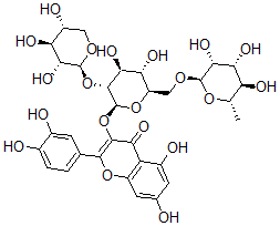CAS 登录号：129235-39-8， 2-(3,4-二羟基苯基)-3-[(2S,3R,4S,5S,6R)-4,5-二羟基-6-[[(2R,3R,4R,5R,6S)-3,4,5-三羟基-6-甲基四氢吡喃-2-基]氧基甲基]-3-[(2S,3R,4S,5R)-3,4,5-三羟基四氢吡喃-2-基]氧基四氢吡喃-2-基]氧基-5,7-二羟基苯并吡喃-4-酮