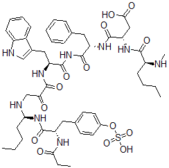 CAS#: 131167-65-2, (3S)-4-[[(2S)-1-[[(2S)-3-(1H-Indol-3-Yl)-2-[[2-Oxo-3-[[(1S)-1-[[(2S)-2-(Propanoylamino)-3-(4-Sulfooxyphenyl)Propanoyl]Amino]Pentyl]Amino]Propanoyl]Amino]Propanoyl]Amino]-1-Oxo-3-Phenylpropan-2-Yl]Amino]-3-[[(2S)-2-Methylaminohexanoyl]Amino]-4-Oxobutanoic Acid
