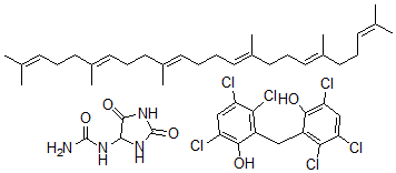 CAS#: 132316-37-1, (2,5-Dioxo-4-imidazolidinyl)urea mixt. with (all-E)-2,6,10,15,19,23-hexamethyl-2,6,10,14,18,22-tetracosahexaene and 2,2'-methylenebis(3,4,6-trichlorophenol)