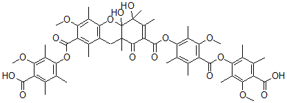 CAS 登录号：134892-23-2， 4-[7-[4-(4-羧基-3-甲氧基-2,5,6-三甲基苯氧基)羰基-3-甲氧基-2,5,6-三甲基苯氧基]羰基-5,10alpha-二羟基-3-甲氧基-1,4,5,6,8alpha-五甲基-8-氧代9h-氧杂蒽-2-羰基]氧基-2-甲氧基-3,5,6-三甲基苯甲酸