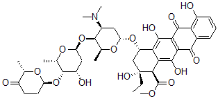 CAS 登录号：138636-10-9， (1R,2R,4S)-4-[(2R,4S,5S,6S)-4-二甲基氨基-5-[(2S,4S,5S,6S)-4-羟基-6-甲基-5-[(2R,6S)-6-甲基-5-氧代四氢吡喃-2-基]氧基四氢吡喃-2-基]氧基-6-甲基四氢吡喃-2-基]氧基-2-乙基-2,5,7,12-四羟基-6,11-二氧代-3,4-二氢-1H-并四苯-1-羧酸甲酯