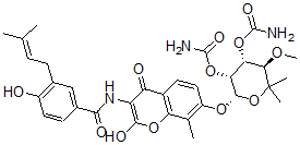 CAS 登录号：138686-58-5， [(3R,4R,5R,6S)-5-氨基甲酰氧基-6-[2-羟基-3-[[4-羟基-3-(3-甲基丁-2-烯基)苯甲酰基]氨基]-8-甲基-4-氧代苯并吡喃-7-基]氧基-3-甲氧基-2,2-二甲基四氢吡喃-4-基]氨基甲酸酯