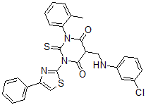 CAS 登录号：139356-76-6， 5-[[(3-氯苯基)氨基]甲基]-1-(2-甲基苯基)-3-(4-苯基-1,3-噻唑-2-基)-2-硫代-1,3-二嗪农-4,6-二酮