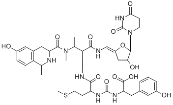 CAS 登录号：144379-27-1， 2-[[1-[[1-[[(Z)-[5-(2,4-二氧代-1,3-二嗪农-1-基)-4-羟基四氢呋喃-2-亚基]甲基]氨基]-3-[(6-羟基-1-甲基1,2,3,4-四氢异喹啉-3-羰基)-甲基氨基]-1-氧代丁烷-2-基]氨基]-4-甲硫基-1-氧代丁烷-2-基]氨基甲酰氨基]-3-(3-羟基苯基)丙酸