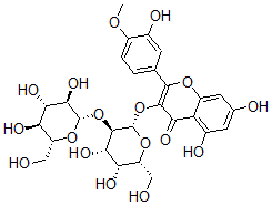 CAS 登录号：145937-28-6， 3-[(2S,3R,4S,5R,6R)-4,5-二羟基-6-(羟基甲基)-3-[(2S,3R,4S,5S,6R)-3,4,5-三羟基-6-(羟基甲基)四氢吡喃-2-基]氧基四氢吡喃-2-基]氧基-5,7-二羟基-2-(3-羟基-4-甲氧基苯基)苯并吡喃-4-酮