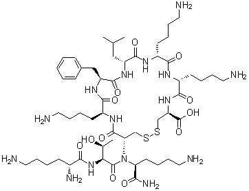 CAS 登录号：147396-10-9， D-赖氨酰-L-别苏氨酰-N-[(4S,7R,10R,13R,16S,19S,22R)-7,10,19-三(4-氨基丁基)-16-苄基-4-羧基-13-异丁基-6,9,12,15,18,21-六氧代-1,2-二硫杂-5,8,11,14,17,20-六氮杂环二十三烷-22-基]-L-赖氨酰胺