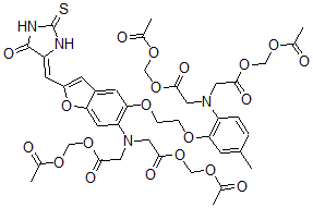 CAS 登录号：149732-62-7， 2-[[2-(乙酰氧基甲氧基)-2-氧代乙基]-[5-[2-[2-[二[2-(乙酰氧基甲氧基)-2-氧代乙基]氨基]-5-甲基苯氧基]乙氧基]-2-[(E)-(5-氧代-2-巯基咪唑烷-4-亚基)甲基]-1-苯并呋喃-6-基]氨基]乙酸乙酰氧基甲基酯