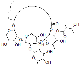 CAS 登录号:151864-96-9, 11-((O-6-脱氧-3-O-(3-羟基-2-甲基-1-氧代丁基)-beta-D-吡喃葡萄糖基-(1-3)-O-(6-脱氧-alpha-L-甘露糖基-(1-2))-O-6-脱氧-beta-D-吡喃葡萄糖基-(1-2)-6-脱氧-beta-D-吡喃葡萄糖基)氧基)-十六烷酸分子内 1,2'''-酯