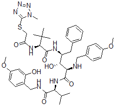CAS 登录号：169305-69-5， (2S)-N-[(2S,3R,4R)-3-羟基-5-[[(2S)-1-[(2-羟基-4-甲氧基苯基)甲基氨基]-3-甲基-1-氧代丁烷-2-基]氨基]-4-[(4-甲氧基苯基)甲基氨基]-5-氧代-1-苯基戊烷-2-基]-3,3-二甲基-2-[[2-(1-甲基四唑-5-基)硫基乙酰基]氨基]丁酰胺