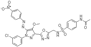 CAS 登录号:172701-72-3, N-(4-((((5-(1-(3-氯苯基)-4-甲氧基-5-((4-硝基苯基)偶氮)-1H-吡唑-3-基)-1,3,4-恶二唑-2-基)甲基)氨基)磺酰基)苯基)-乙酰胺