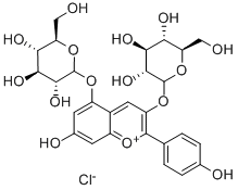 CAS 登录号：17334-58-6， 3,5-二(beta-D-吡喃葡萄糖基氧基)-7-羟基-2-(4-羟基苯基)-1-苯并吡喃鎓氯化物(1:1)