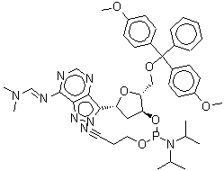 CAS#: 178925-41-2, (1R)-1,4-Anhydro-5-O-[bis(4-methoxyphenyl)(phenyl)methyl]-3-O-[(2-cyanoethoxy)(diisopropylamino)phosphino]-2-deoxy-1-(7-{(E)-[(dimethylamino)methylene]amino}-2H-pyrazolo[4,3-d]pyrimidin-3-yl)-D-erythro-pentitol