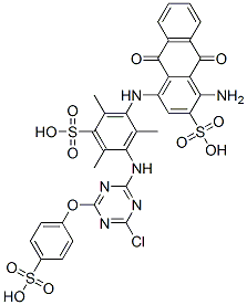 CAS 登录号：25965-91-7， 1-氨基-4-[[3-[[4-氯-6-(4-磺基苯氧基)-1,3,5-三嗪-2-基]氨基]-2,4,6-三甲基-5-磺基苯基]氨基]-9,10-二氢-9,10-二氧代蒽-2-磺酸