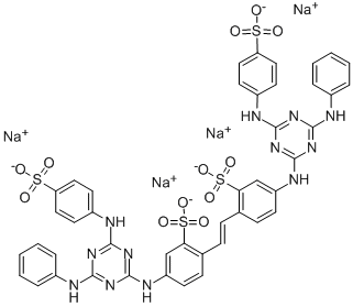 CAS 登录号：34233-64-2， 四钠5-[[4-(苯基氨基)-6-[(4-磺酸苯基)氨基]-1,3,5-三嗪-2-基]氨基]-2-[(E)-2-[4-[[4-(苯基氨基)-6-[(4-磺基苯基)氨基]-1,3,5-三嗪-2-基]氨基]-2-磺基苯基]乙烯基]苯磺酸盐