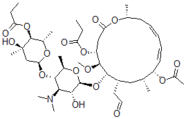 CAS 登录号：35457-78-4， [(2S,3S,4R,6S)-6-[(2R,3S,4R,5R,6S)-6-[[(4R,5S,6S,7R,9R,10R,11E,13E,16R)-10-乙酰氧基-5-甲氧基-9,16-二甲基-2-氧代-7-(2-氧代乙基)-4-丙酰氧基-1-氧杂环十六碳-11,13-二烯-6-基]氧基]-4-二甲基氨基-5-羟基-2-甲基四氢吡喃-3-基]氧基-4-羟基-2,4-二甲基四氢吡喃-3-基]丙酸酯