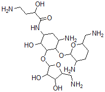 CAS#: 56182-07-1, 5-O-(5-Amino-5-Deoxy-beta-D-Xylofuranosyl)-4-O-(2,6-Diamino-2,3,4,6-Tetradeoxy-alpha-D-Erythro-Hexopyranosyl)-N1-[(S)-4-Amino-2-Hydroxybutyryl]-2-Deoxy-D-Streptamine