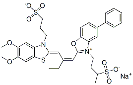 CAS#: 61890-96-8, Hydrogen 2-[2-[[5,6-Dimethoxy-3-(3-Sulphonatopropyl)-3H-Benzothiazol-2-Ylidene]Methyl]But-1-Enyl]-5-Phenyl-3-(3-Sulphonatobutyl)Benzoxazolium, Sodium Salt