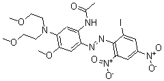 CAS 登录号：62607-26-5， N-[5-[二(2-甲氧基乙基)氨基]-2-[2-(2-碘-4,6-二硝基苯基)偶氮]-4-甲氧基苯基]-乙酰胺