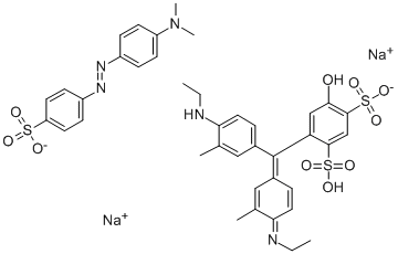CAS 登录号:62758-15-0, 4-((4-(乙基氨基)-3-甲基苯基)(4-(乙基亚胺)-3-甲基-2,5-环己二烯-1-亚基)甲基)-1,3-苯二磺酸单钠盐与4-((4-(二甲基氨基)苯基)偶氮)苯磺酸钠(1:1)化合物