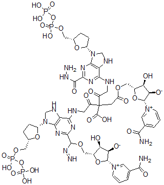 CAS#: 69861-86-5, Hexanedioic acid, bis(2-(((9-(5-O-(hydroxy(phosphonooxy)phosphinyl)-beta-D-ribofuranosyl)-9H-purin-6-yl)amino)acetyl)hydrazide), P'-5',P'''-5'''-diester with 3-(aminocarbonyl)-1-beta-D-ribofuranosylpyridinium hydroxide, bis(inner salt)