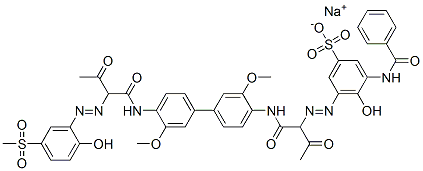 CAS 登录号：70210-32-1， 钠3-苯甲酰胺基-4-羟基-5-[[1-[[4'-[[2-[[2-羟基-5-(甲基磺酰基)苯基]偶氮]-1,3-二氧代丁基]氨基]-3,3'-二甲氧基[1,1'-联苯]-4-基]氨基甲酰]-2-氧代丙基]偶氮]苯磺酸盐