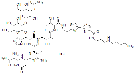 CAS 登录号：70502-64-6， [2-[2-[2-[[6-氨基-2-[1-[(2-氨基-2-氨基甲酰-乙基)氨基]-2-氨基甲酰-乙基]-5-甲基-嘧啶-4-羰基]氨基]-2-[[4-[[1-[2-[4-[4-[3-(4-氨基丁基氨基)丙基氨基甲酰]-1,3-噻唑-2-基]-1,3-噻唑-2-基]乙基氨基甲酰]-2-羟基-丙基]氨基甲酰]-3-羟基-戊烷-2-基]氨基甲酰]-1-(3H-咪唑-4-基)乙氧基]-4,5-二羟基-6-(羟基甲基)四氢吡喃-3-基]氧基-3,5-二羟基-6-(羟基甲基)四氢吡喃-4-基]氨基甲酸酯盐酸盐