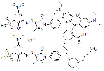 CAS#: 70851-41-1, 3-(2-butylhexoxy)propan-1-amine; [9-(2-carboxyphenyl)-6-diethylamino-xanthen-3-ylidene]-diethyl-azanium; chromium(+3) cation; 5-methyl-4-(5-nitro-2-oxido-3-sulfo-phenyl)diazenyl-2-phenyl-pyrazol-3-olate