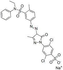 CAS 登录号：71873-38-6， 2,5-二氯-4-[4-[[3-[(乙基苯基氨基)磺酰基]-对甲苯基]偶氮]-4,5-二氢-3-甲基-5-氧代-1H-吡唑-1-基]苯磺酸钠