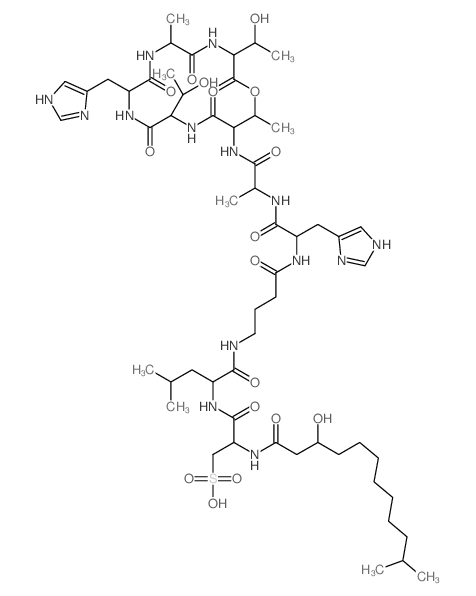 CAS 登录号：72509-89-8， 3-[[1-[[4-[[1-[[1-[[3,12-二(1-羟基乙基)-9-(3H-咪唑-4-基甲基)-6,16-二甲基-2,5,8,11,14-五氧代-1-氧杂-4,7,10,13-四氮杂环十六烷-15-基]氨基]-1-氧代丙烷-2-基]氨基]-3-(3H-咪唑-4-基)-1-氧代丙烷-2-基]氨基]-4-氧代丁基]氨基]-4-甲基-1-氧代戊烷-2-基]氨基]-2-[(3-羟基-11-甲基十二烷酰基)氨基]-3-氧代丙烷-1-磺酸