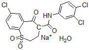 CAS 登录号：73574-69-3， 7-氯-4-[(3,4-二氯苯基)氨基甲酰]-1,1-二氧代-2,3-二氢苯并[b]硫杂卓-5-醇钠水合物