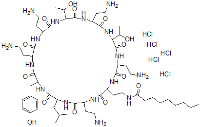 CAS#: 77554-83-7, N-[2-[5,14,17,23,29-Pentakis(2-Aminoethyl)-20,26-Bis(1-Hydroxyethyl)-11-[(4-Hydroxyphenyl)Methyl]-8-(2-Methylpropyl)-3,6,9,12,15,18,21,24,27,30-Decaoxo-1,4,7,10,13,16,19,22,25,28-Decazacyclotriacont-2-Yl]Ethyl]Nonanamide Pentahydrochloride