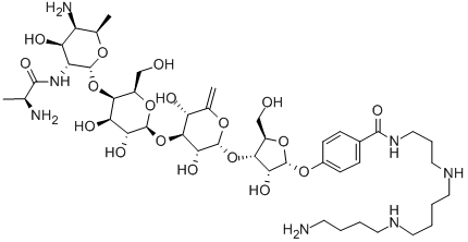 CAS#: 78213-56-6, 4-[4-[4-[5-[5-Amino-3-(2-Aminopropanoylamino)-4-Hydroxy-6-Methyloxan-2-Yl]Oxy-3,4-Dihydroxy-6-(Hydroxymethyl)Oxan-2-Yl]Oxy-3,5-Dihydroxy-6-Methylideneoxan-2-Yl]Oxy-3-Hydroxy-5-(Hydroxymethyl)Oxolan-2-Yl]Oxy-N-[3-[4-(4-Aminobutylamino)Butylamino]Propyl]Benzamide