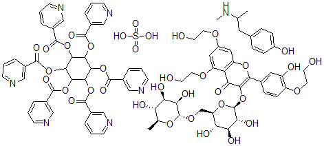 CAS 登录号:78920-51-1, 肌醇六-3-吡啶羧酸酯与 3-((6-O-(6-脱氧-alpha-L-甘露糖基)-beta-D-吡喃葡萄糖基)氧基)-2-(3,4-二羟基苯基)-5,7-二羟基-4H-1-苯并吡喃-4-酮三(2-羟基乙基) 醚和 4-(2-(甲基氨基)丙基)苯酚硫酸盐的混合物