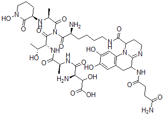 CAS 登录号：79438-64-5， (3R)-3-氨基-4-[[(2S)-1-[[(2R,3R)-1-[[(2S)-2-氨基-6-[[5-[(4-氨基-4-氧代丁酰基)氨基]-8,9-二羟基2,3,5,6-四氢-1H-嘧啶并[3,2-a]喹啉-1-羰基]氨基]己酰]-[(2S)-2-[[(3R)-1-羟基-2-氧代哌啶-3-基]氨基]丙酰]氨基]-3-羟基-1-氧代丁烷-2-基]氨基]-1-氧代丙烷-2-基]氨基]-2-羟基-4-氧代丁酸