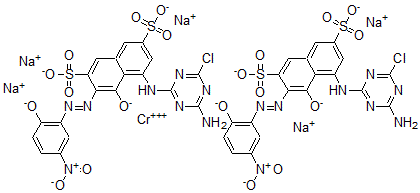CAS 登录号:79828-43-6, 二(5-((4-氨基-6-氯-1,3,5-三嗪-2-基)氨基)-4-羟基-3-((2-羟基-5-硝基苯基)偶氮)萘-2,7-二磺酸基)铬酸五钠盐