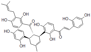 CAS 登录号：81381-68-2， (2E)-1-(3-((1S,5R,6S)-6-(2,4-二羟基-3-(3-甲基-2-丁烯基)苯甲酰基)-5-(2,4-二羟基苯基)-3-甲基-2-环己烯-1-基)-2,4-二羟基苯基)-3-(2,4-二羟基苯基)-2-丙烯-1-酮
