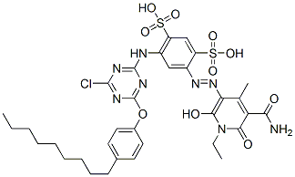 CAS#: 93858-29-8, 4-[2-[5-(Aminocarbonyl)-1-Ethyl-1,6-Dihydro-2-Hydroxy-4-Methyl-6-Oxo-3-Pyridinyl]Diazenyl]-6-[[4-Chloro-6-(4-Nonylphenoxy)-1,3,5-Triazin-2-Yl]Amino]-1,3-Benzenedisulfonicacid