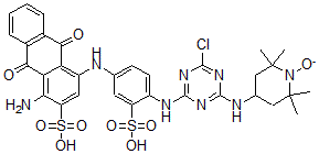 CAS#: 95050-99-0, 1-Amino-4-[[4-[[4-chloro-6-[(2,2,6,6-tetramethyl-1-oxidopiperidin-4-yl)amino]-1,3,5-triazin-2-yl]amino]-3-sulfophenyl]amino]-9,10-dioxoanthracene-2-sulfonic acid