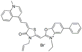 CAS#: 97552-56-2, 2-[[3-Allyl-5-[(1-Methyl-1H-Quinolin-4-Ylidene)Ethylidene]-4-Oxothiazolidin-2-Ylidene]Methyl]-3-Ethyl-5-Phenylbenzoxazolium Bromide