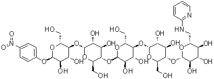 CAS # 100111-14-6, 4-Nitrophenyl O-6-deoxy-6-(2-pyridinylamino)-alpha-D-glucopyranosyl-(1→4)-O-alpha-D-glucopyranosyl-(1→4)-O-alpha-D-glucopyranosyl-(1→4)-O-alpha-D-glucopyranosyl-(1→4)-alpha-D-glucopyranoside