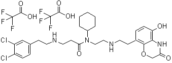 CAS # 1035227-44-1, N-Cyclohexyl-3-[[2-(3,4-dichlorophenyl)ethyl]amino]-N-[2-[[2-(3,4-dihydro-5-hydroxy-3-oxo-2H-1,4-benzoxazin-8-yl)ethyl]amino]ethyl]propanamide 2,2,2-trifluoroacetate (1:2)