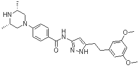 structure of CAS# 1035270-39-3, rel-N-[5-[2-(3,5-二甲氧基苯基)乙基]-1H-吡唑-3-基]-4-[(3R,5S)-3,5-二甲基-1-哌嗪基]苯甲酰胺