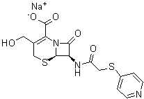 CAS 登录号：104557-24-6, (6R-反式)-3-(羟基甲基)-8-氧代-7-[[(4-吡啶基硫基)乙酰基]氨基]-5-硫杂-1-氮杂双环[4.2.0]辛-2-烯-2-羧酸单钠盐