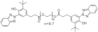 CAS # 104810-47-1, Tinuvin-1130/A, [3-[3-(2H-Benzotriazol-2-yl)-5-(1,1-dimethylethyl)-4-hydroxyphenyl]-1-oxopropyl]-w-[3-[3-(2Hbenzotriazol-2-yl)-5-(1,1-dimethylethyl)-4-hydroxyphenyl]-1-oxopropoxy]poly(oxy-1,2-ethanediyl)