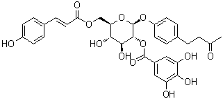 CAS # 105274-16-6, 4-[4-[[6-O-[(2E)-3-(4-Hydroxyphenyl)-1-oxo-2-propen-1-yl]-2-O-(3,4,5-trihydroxybenzoyl)-beta-D-glucopyranosyl]oxy]phenyl]-2-butanone