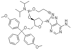 structure of CAS# 105931-58-6, 5'-O-[二(4-甲氧基苯基)苯基甲基]-2'-脱氧-N-甲基腺苷 3'-[2-氰基乙基二(异丙基)亚磷酰胺]