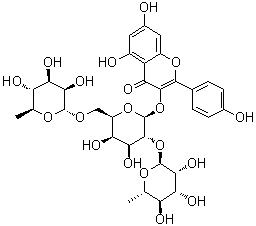 CAS # 109008-28-8, Mauritianin, 3-[(O-6-Deoxy-alpha-L-mannopyranosyl-(1→2)-O-[6-deoxy-alpha-L-mannopyranosyl-(1→6)]-beta-D-galactopyranosyl)oxy]-5,7-dihydroxy-2-(4-hydroxyphenyl)-4H-1-benzopyran-4-one