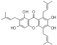 CAS # 112649-21-5, Garcinone E, 2,3,6,8-Tetrahydroxy-1,4,7-tris(3-methyl-2-buten-1-yl)-9H-xanthen-9-one, 7-O-Demethyl-5-prenyl-alpha-mangostin